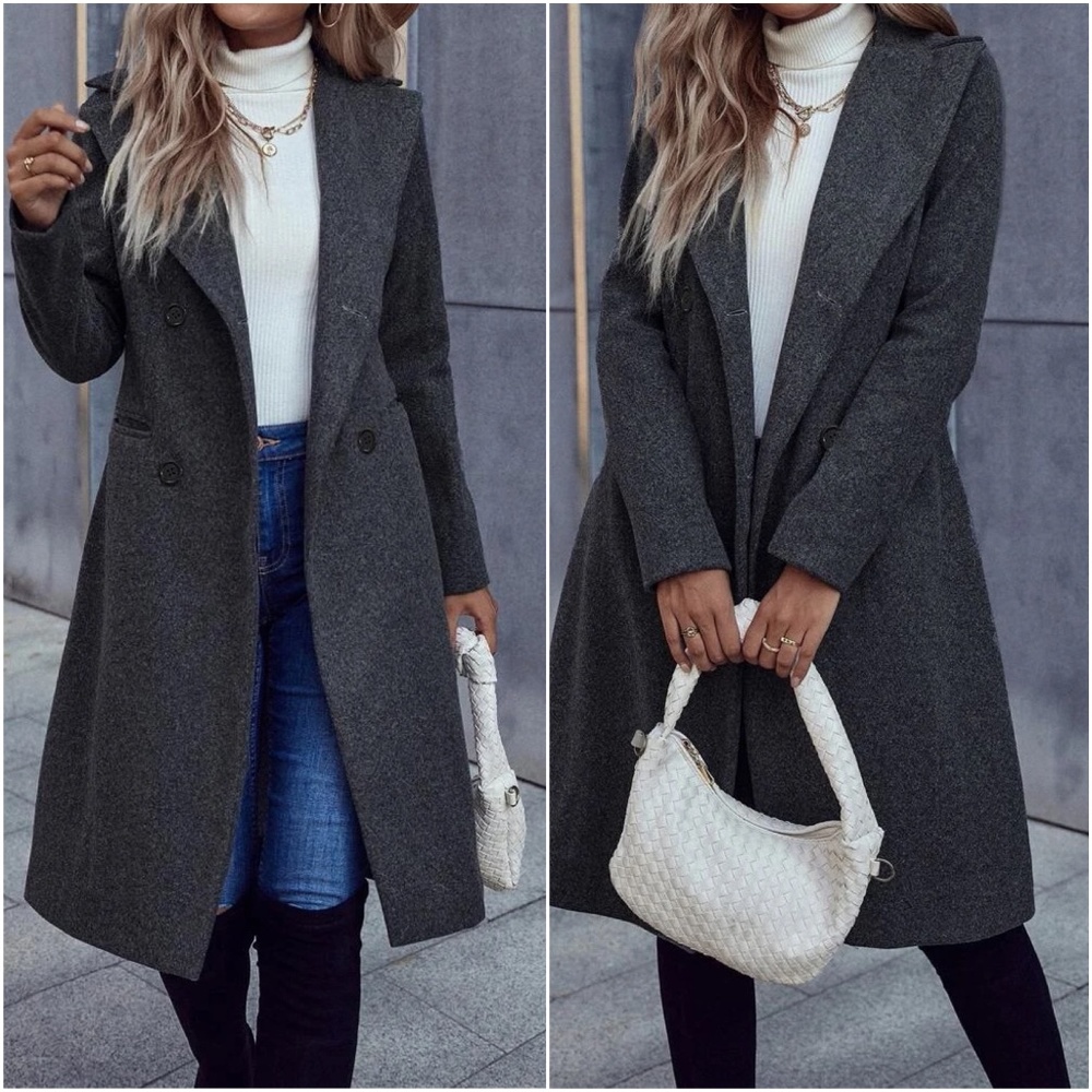 Classic Charcoal Double Breasted Button up Jacket Coat - Picture 2 of 8